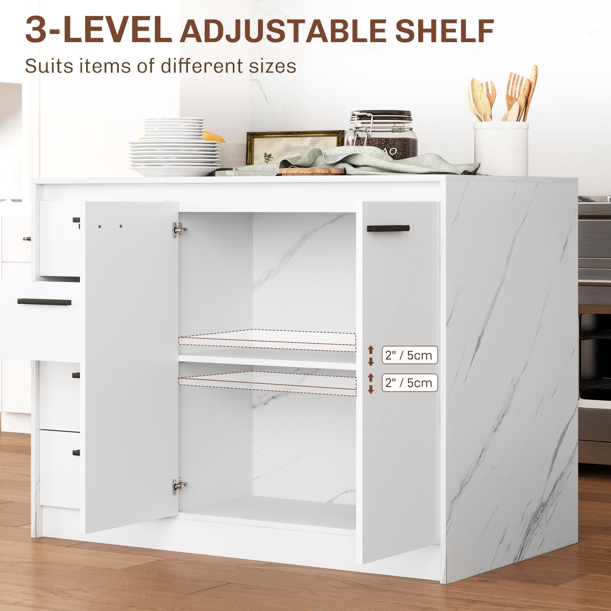 HOMCOM Kitchen Island with Storage Cabinet, 4 Drawers and Adjustable Shelf for Dining Room, Faux Marble Effect and White 