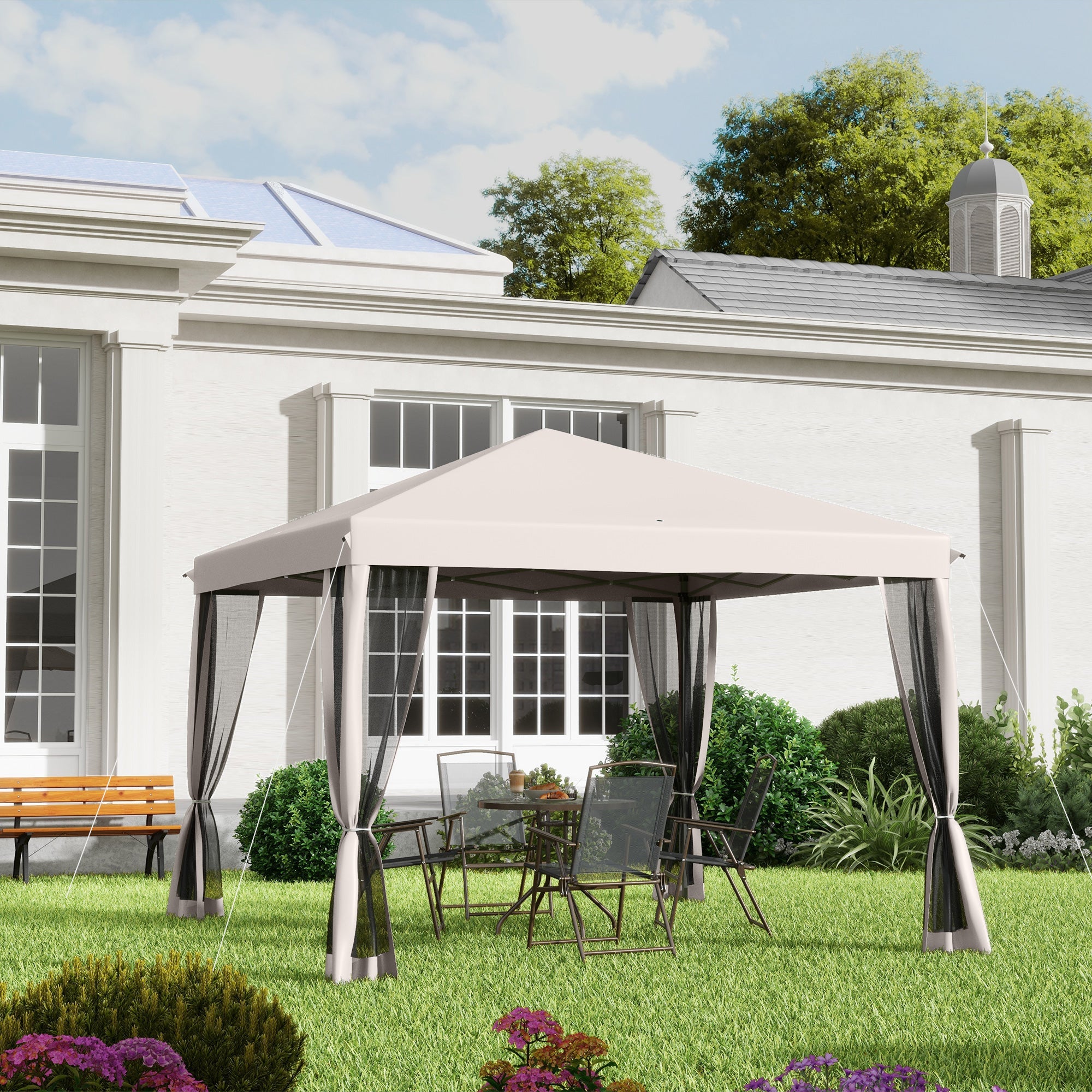 Outsunny 10' x 10' Pop Up Canopy Tent Gazebo with Removable Mesh Sidewall Netting, Carry Bag for Backyard Patio Outdoor, Beige 