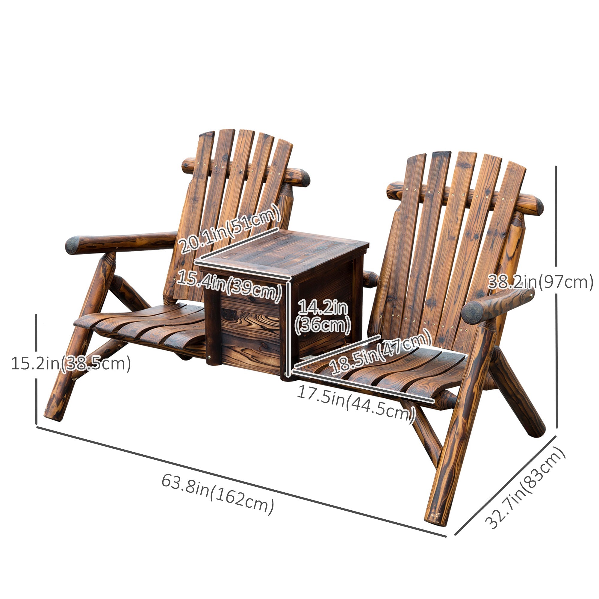 Outsunny 64" Wooden Adirondack Double Garden Bench 2-Seater Loveseat with Ice Bucket Rustic Brown for Patio Yard 