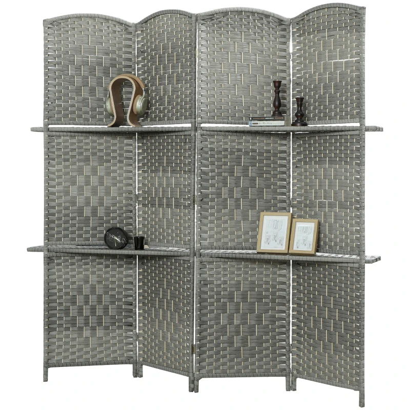 6 FT Privacy Screen, 4 Panel Room Divider with Shelves for Living Room Bedroom Home Office, Grey