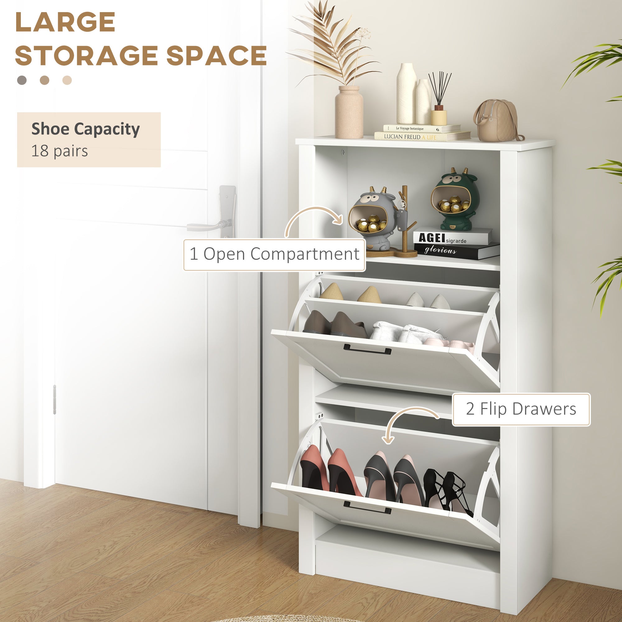 HOMCOM Shoe Rack Cabinet 10 Pairs Open Shelf 2 Drawers Space Efficient Hallway Entryway White 