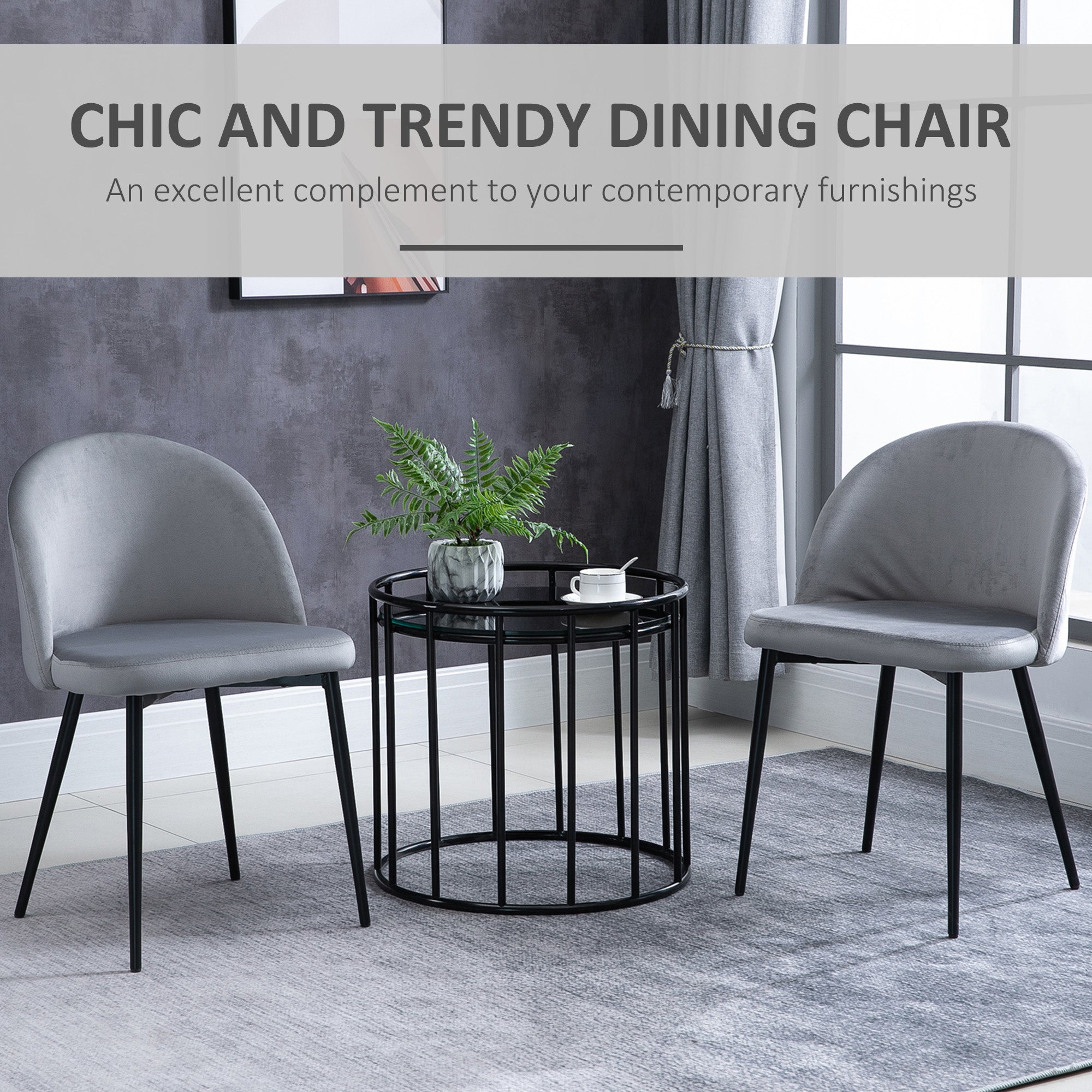 HOMCOM Velvet Dining Delight: Elegant Mid-Back Side Chairs Set of 2 for Dining Room or Living Room, Grey Finish 