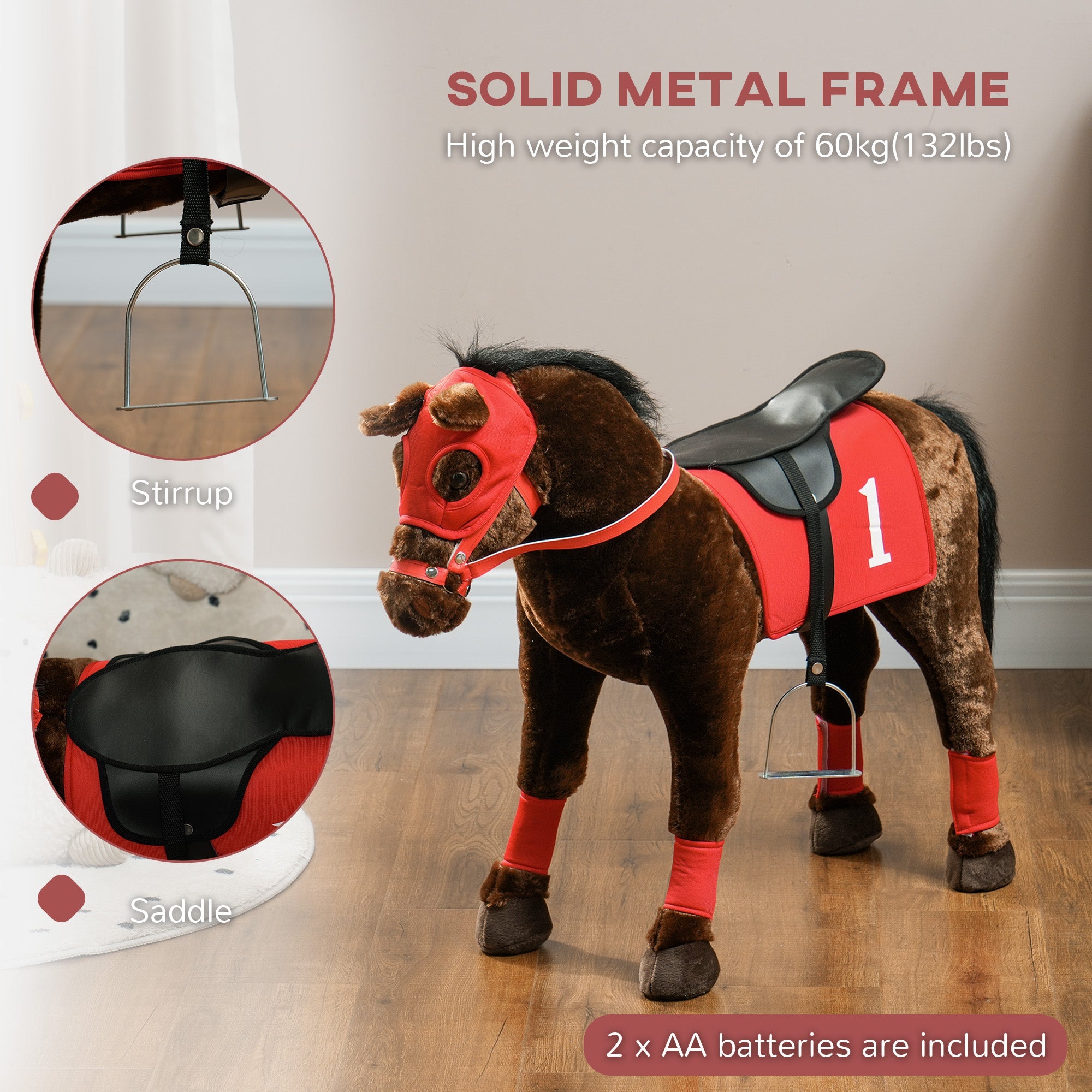 Qaba Kids Ride On Horse w/ Neighing Sound, Saddle, Stirrups, for 3-8 Years 