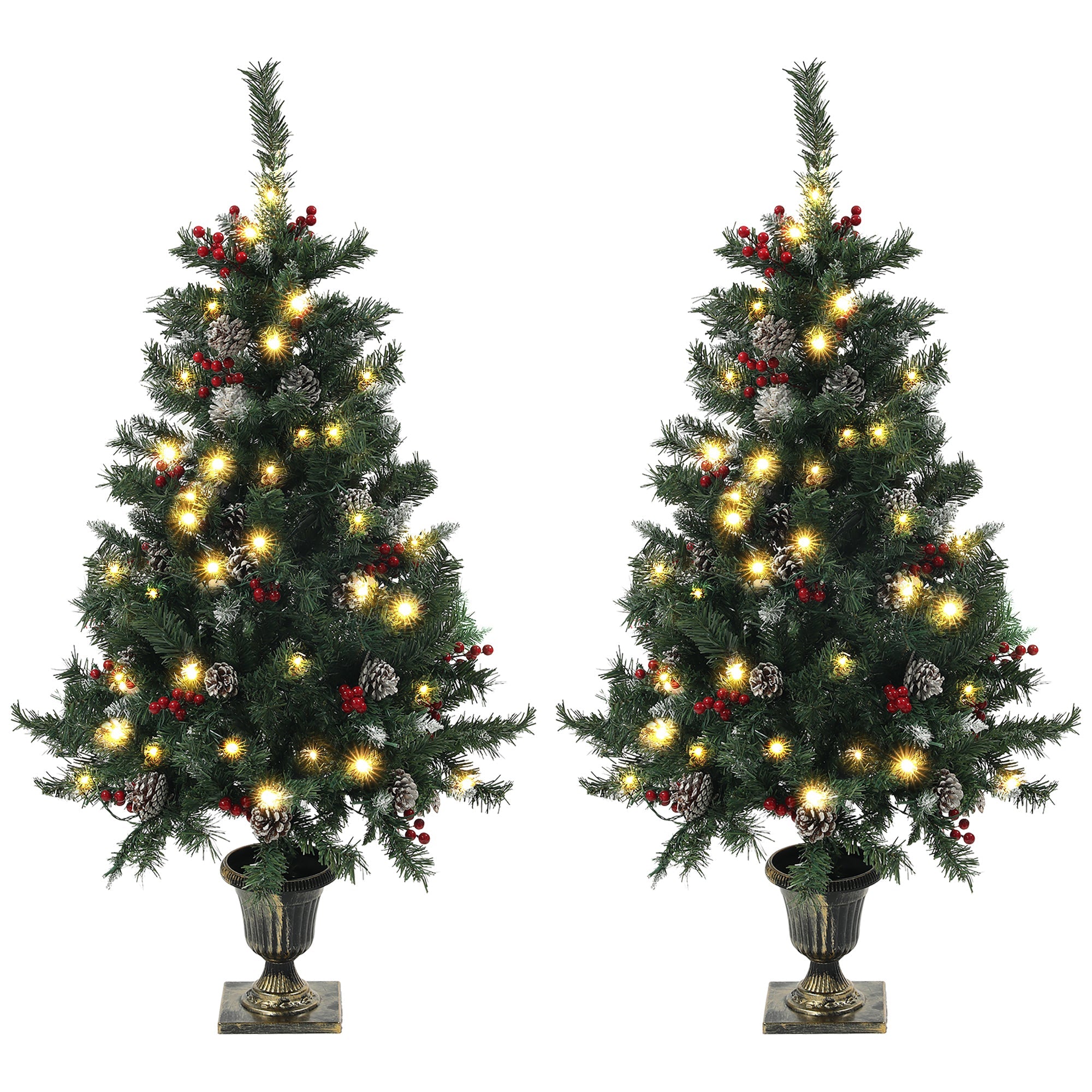 HOMCOM 4FT Pre-Lit Decorated Christmas Tree with Red Berries and Pine Cones Snow Flocked Christmas Tree with LED Lights Green 