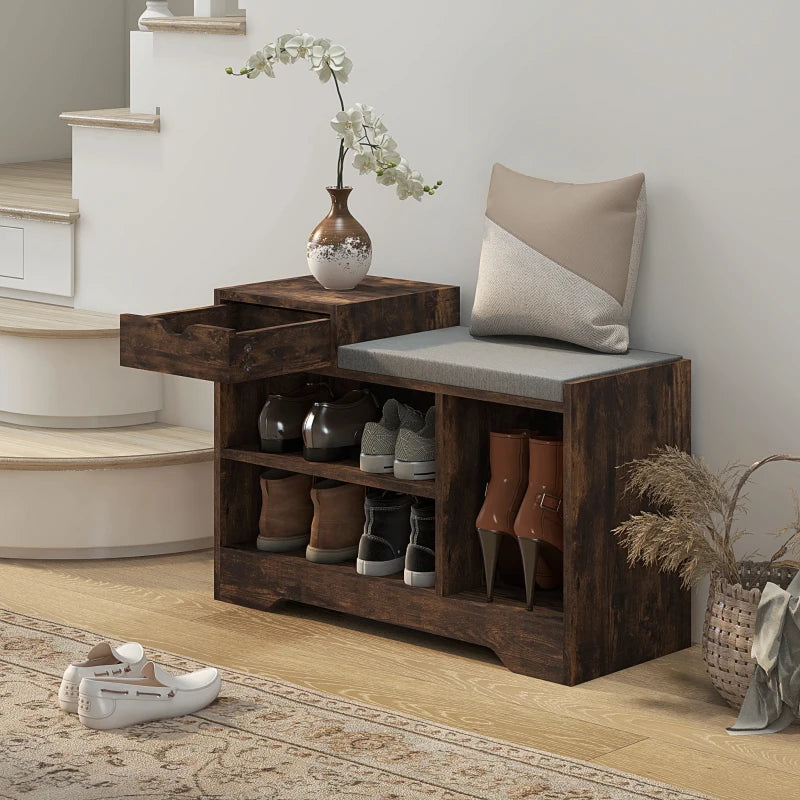 Upholstered Shoe Storage Bench, Hallway Shoe Storage with Seat, Drawer, 3 Open Shelves for Entryway, Rustic Brown