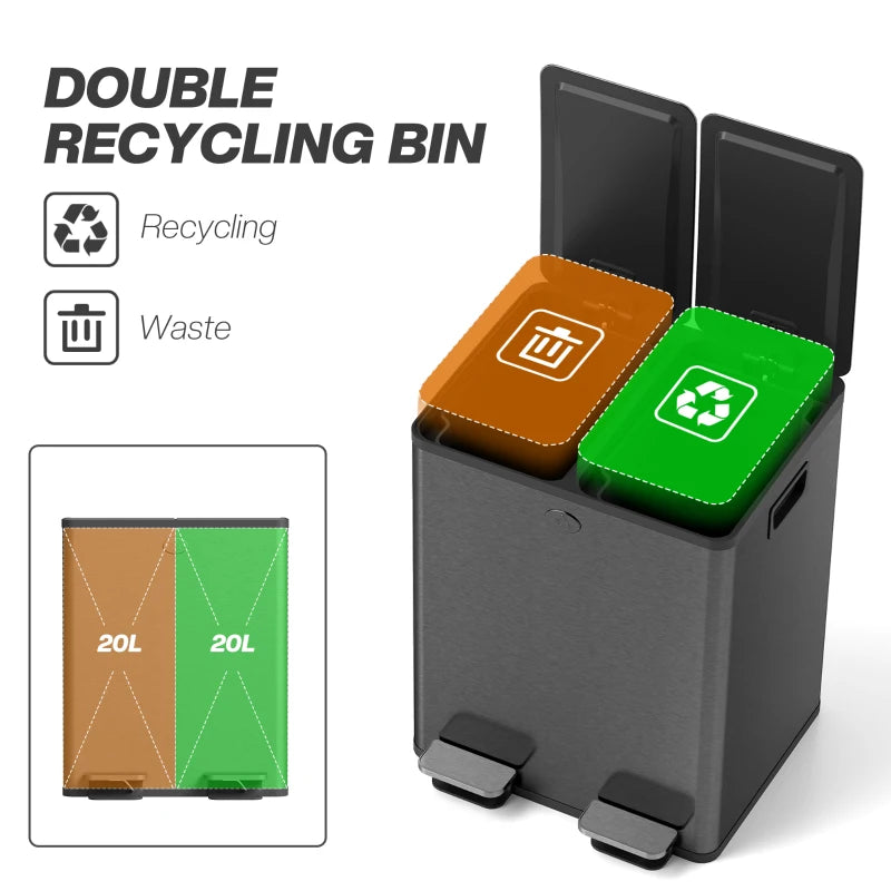 Dual Garbage Bin, Soft-Close Trash Can with Foot Pedal, 2 x 20 Liter Garbage Can with Removable Inner Buckets, Black