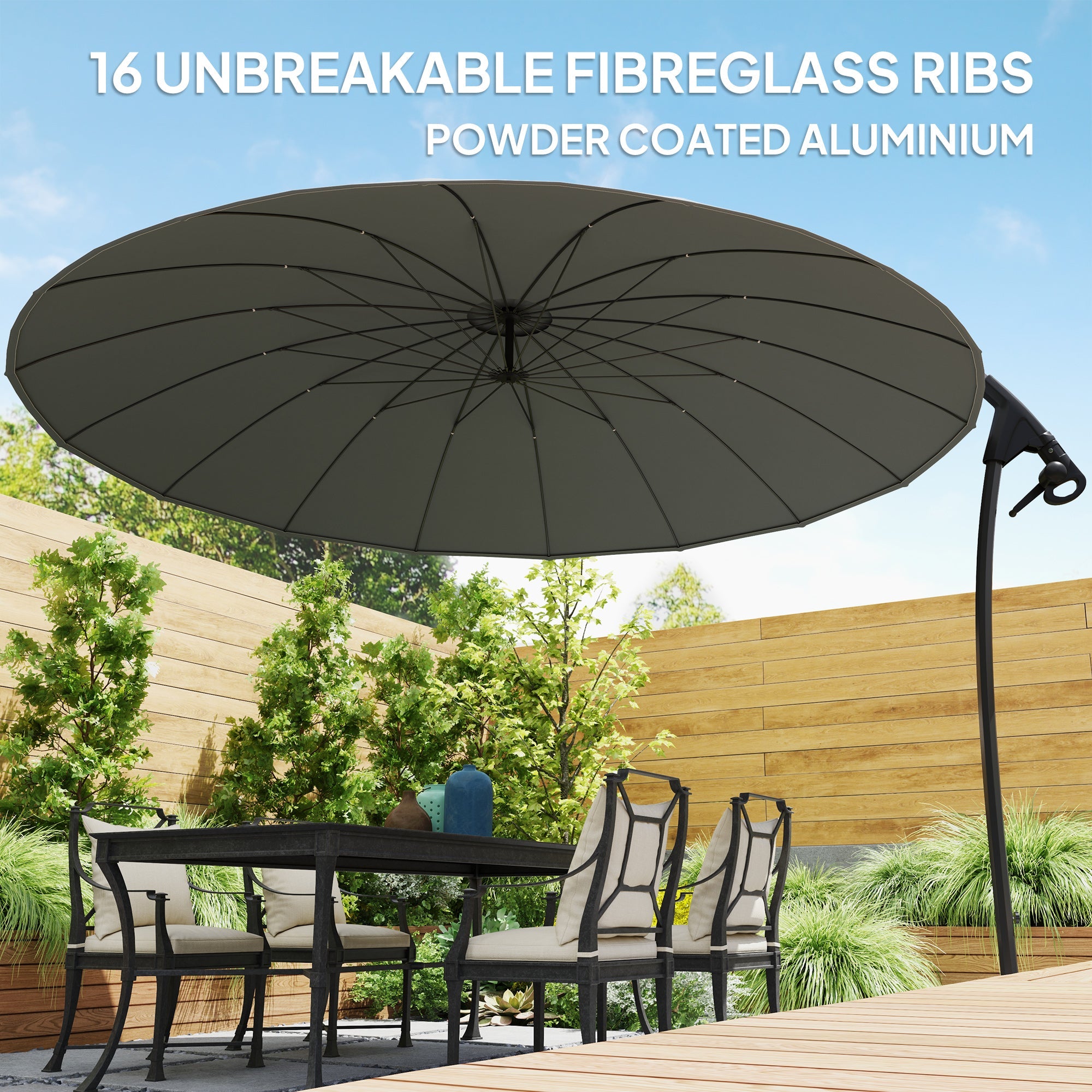 Outsunny 9FT Cantilever Umbrella with 16 Fibreglass Ribs, Offset Hanging Umbrella, Patio Umbrella with Crank and Cross Base, Grey 