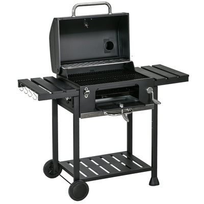 Outsunny Charcoal BBQ Grill Smoker, Adjustable Charcoal Pan, Galvanised Steel, Barbecue Trolley with Storage, Outdoor Cooking 