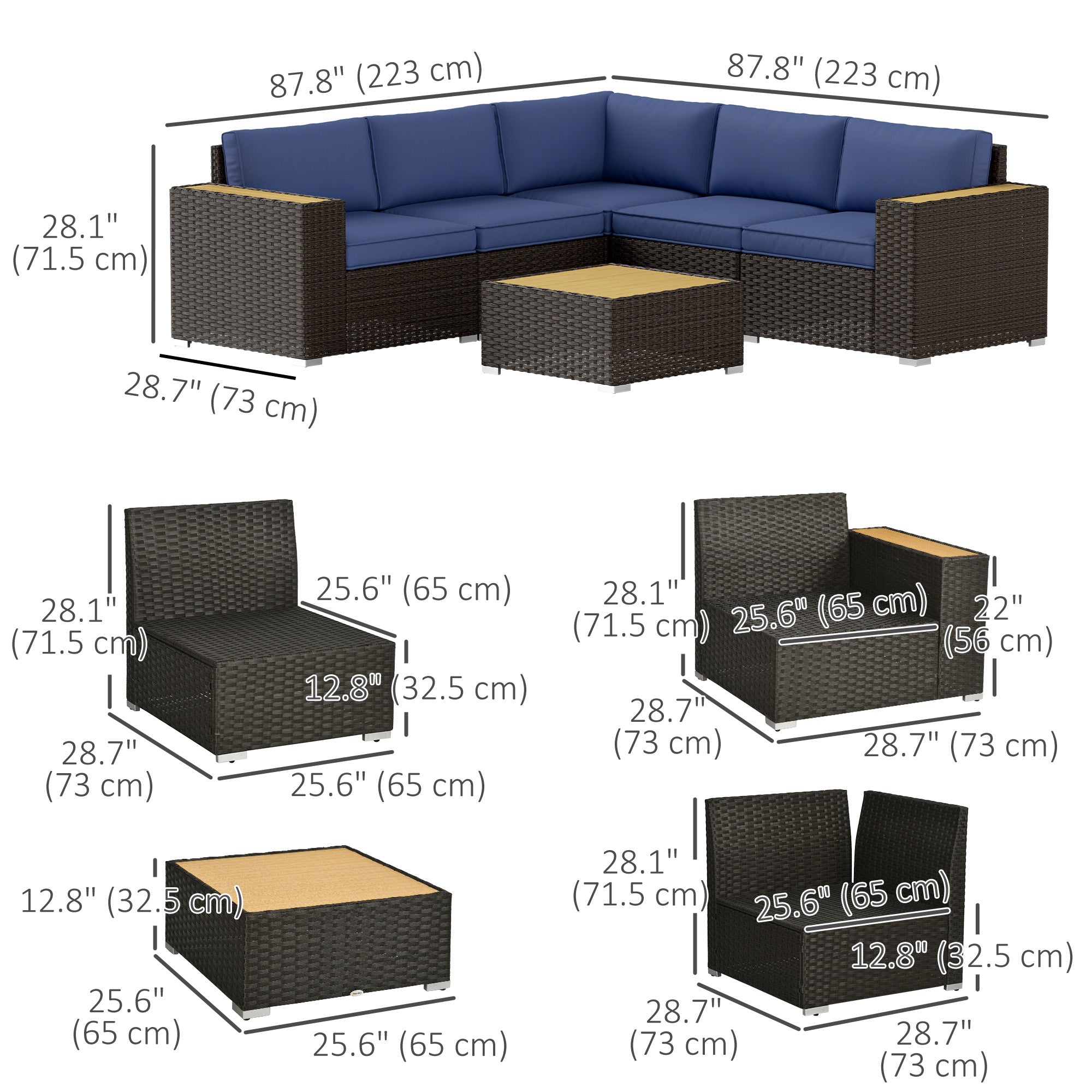 Outsunny 6 Pieces Outdoor Rattan Patio Furniture Set with Corner Sofa, Wood-Plastic Coffee Table, Navy Blue 