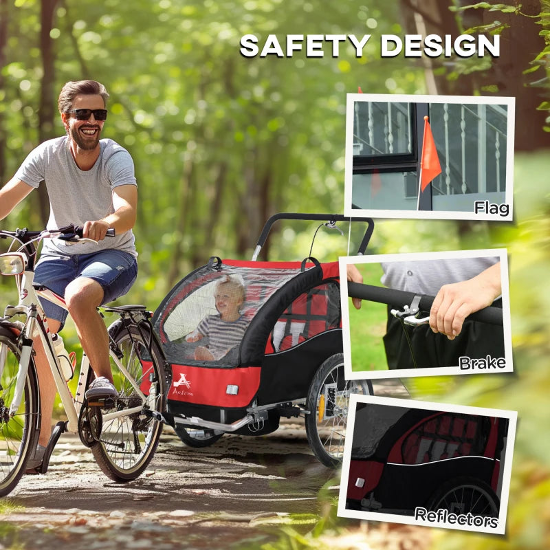 Aosom 2-in-1 Bike Trailer for Kids, Foldable 2-Seat Baby Stroller with 5-Point Harness, Rubber Wheels, Storage Bag, Red