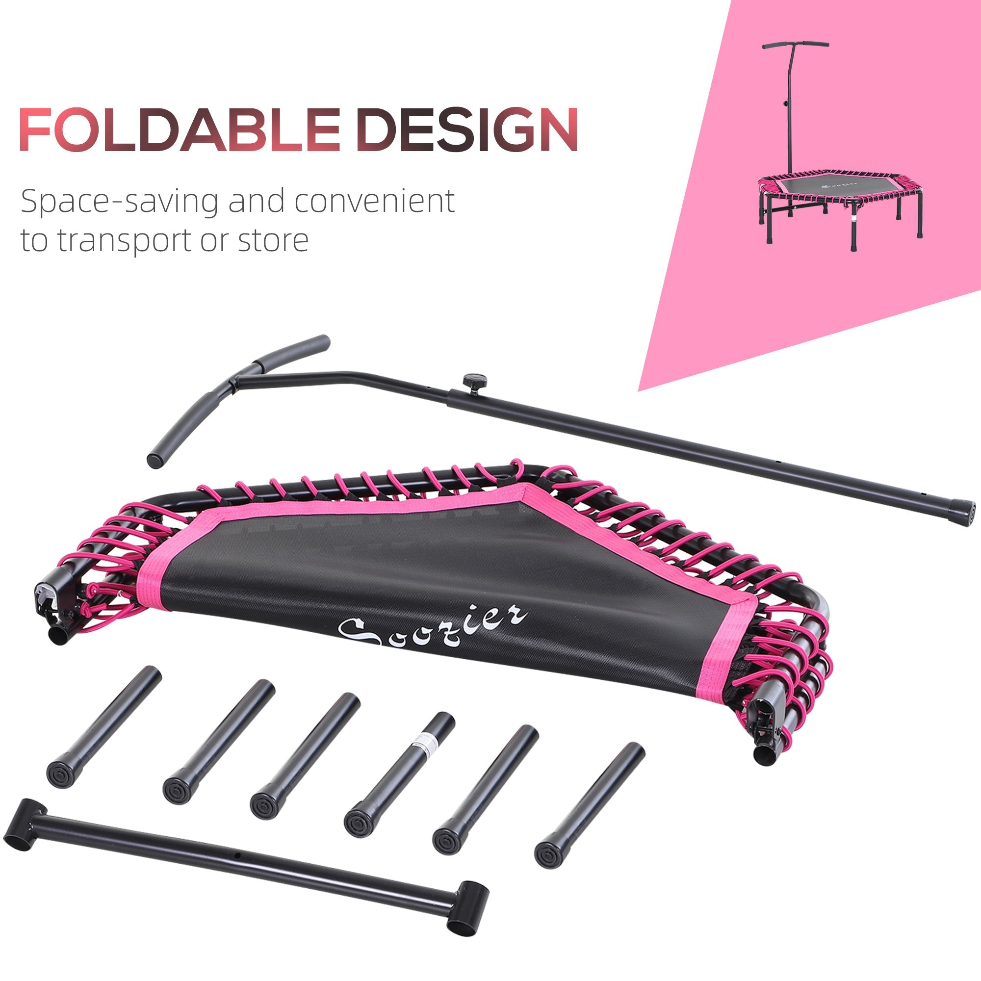 Soozier Hexagon Mini Trampoline 48" Adult Fitness Rebounder with Adjustable Handle Pink Cardio Trainer Outdoor Bouncer 