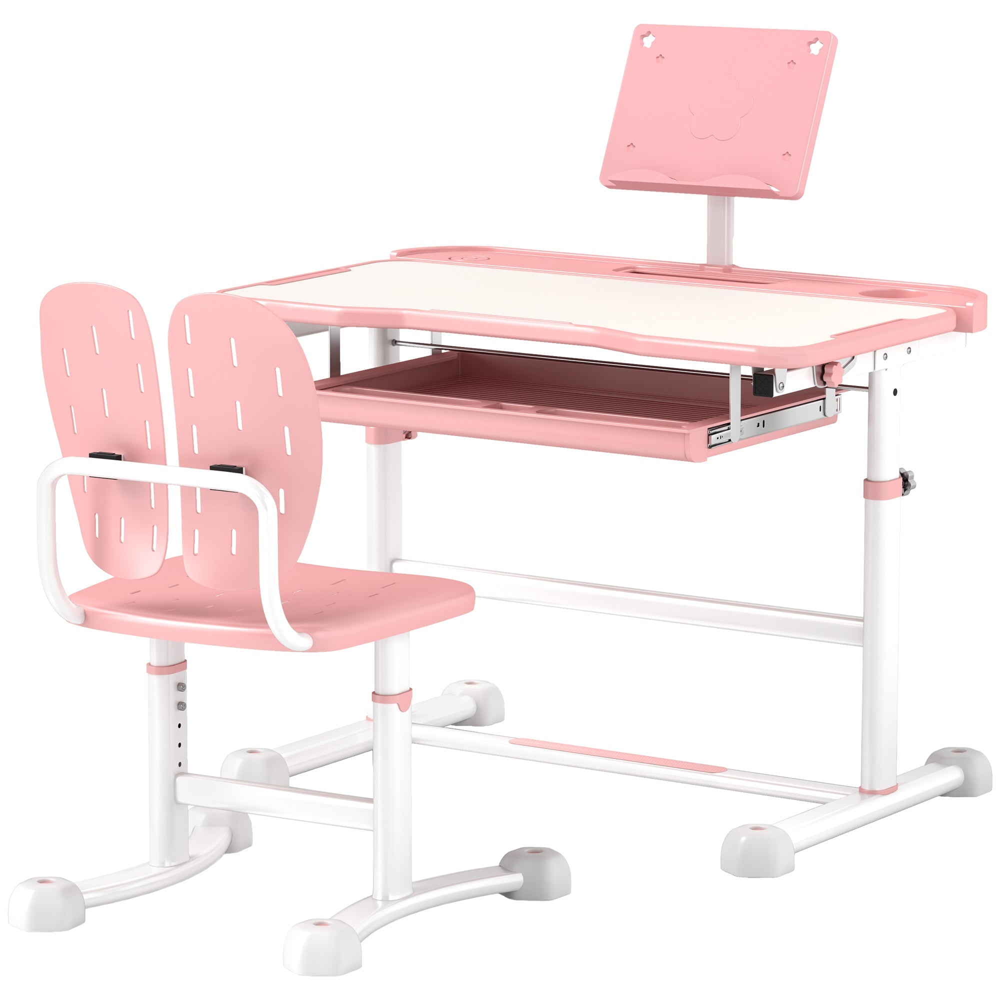 Qaba Height Adjustable Kids Desk and Chair Set with Tilt Desktop, Large Writing Board, Storage Drawer, Book Stand, Pink 