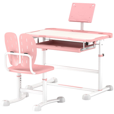 Qaba Height Adjustable Kids Desk and Chair Set with Tilt Desktop, Large Writing Board, Storage Drawer, Book Stand, Pink 
