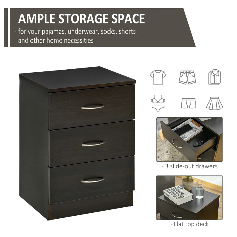 Bedside Table, Modern Night Stand with 3 Drawers and Metal Rail for Bedroom, Dark Brown