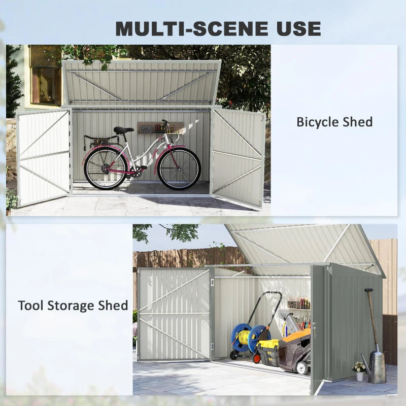 7.6 x 3.4ft Outdoor Storage Shed, 3 Garbage Bin Shed Organizer with Lockable Double Doors, Openable Lid, Silver Grey