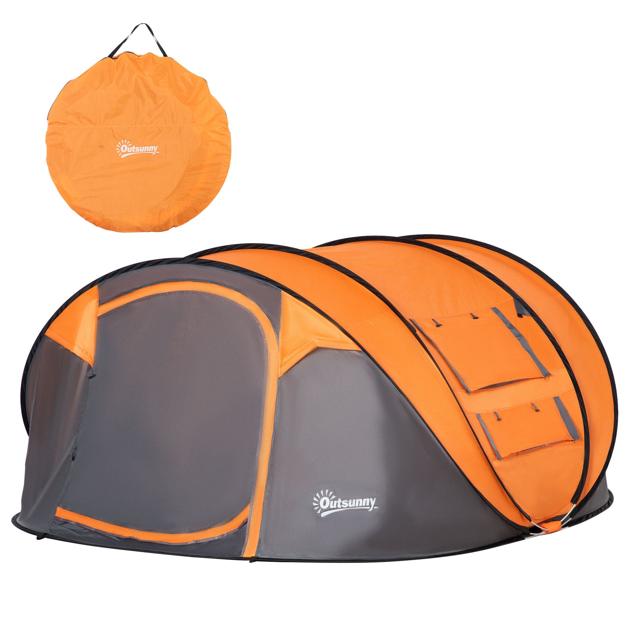 Outsunny 5-Person Pop Up Camping Tent, Easy Setup, Orange, with Doors, Windows, Carry Bag 