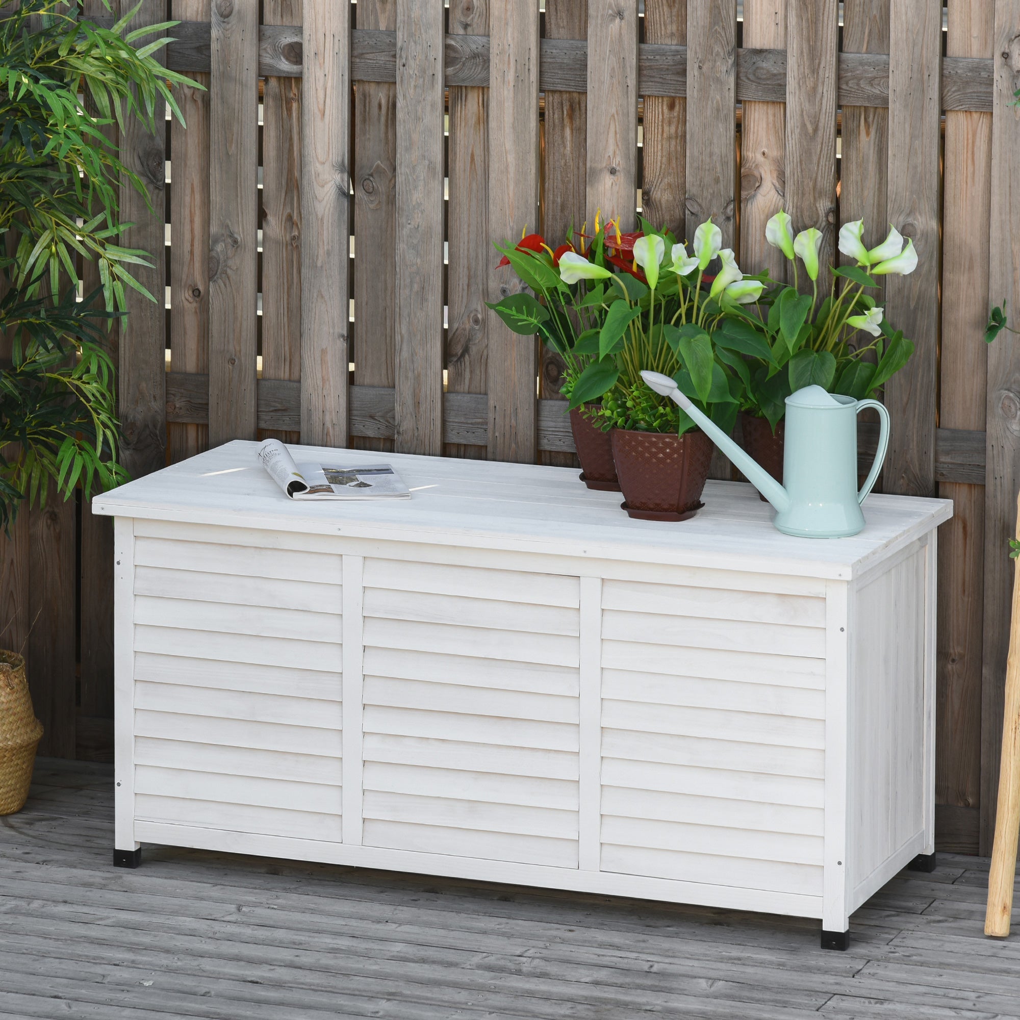 Outsunny 75 Gallon Wooden Storage Box patio Deck Box Bench, Garden Backyard Outdoor Storage Container with Aerating Gap & Weather-Fighting Finish, White 