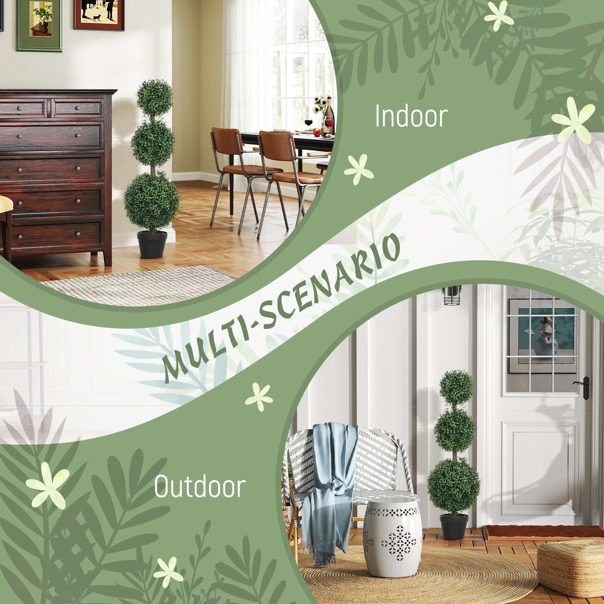 HOMCOM 2 Pack 39.4" Artificial Trees, Boxwood Topiary Ball Trees with Pot for Indoor, Outdoor, Home Office, Living Room, Green 