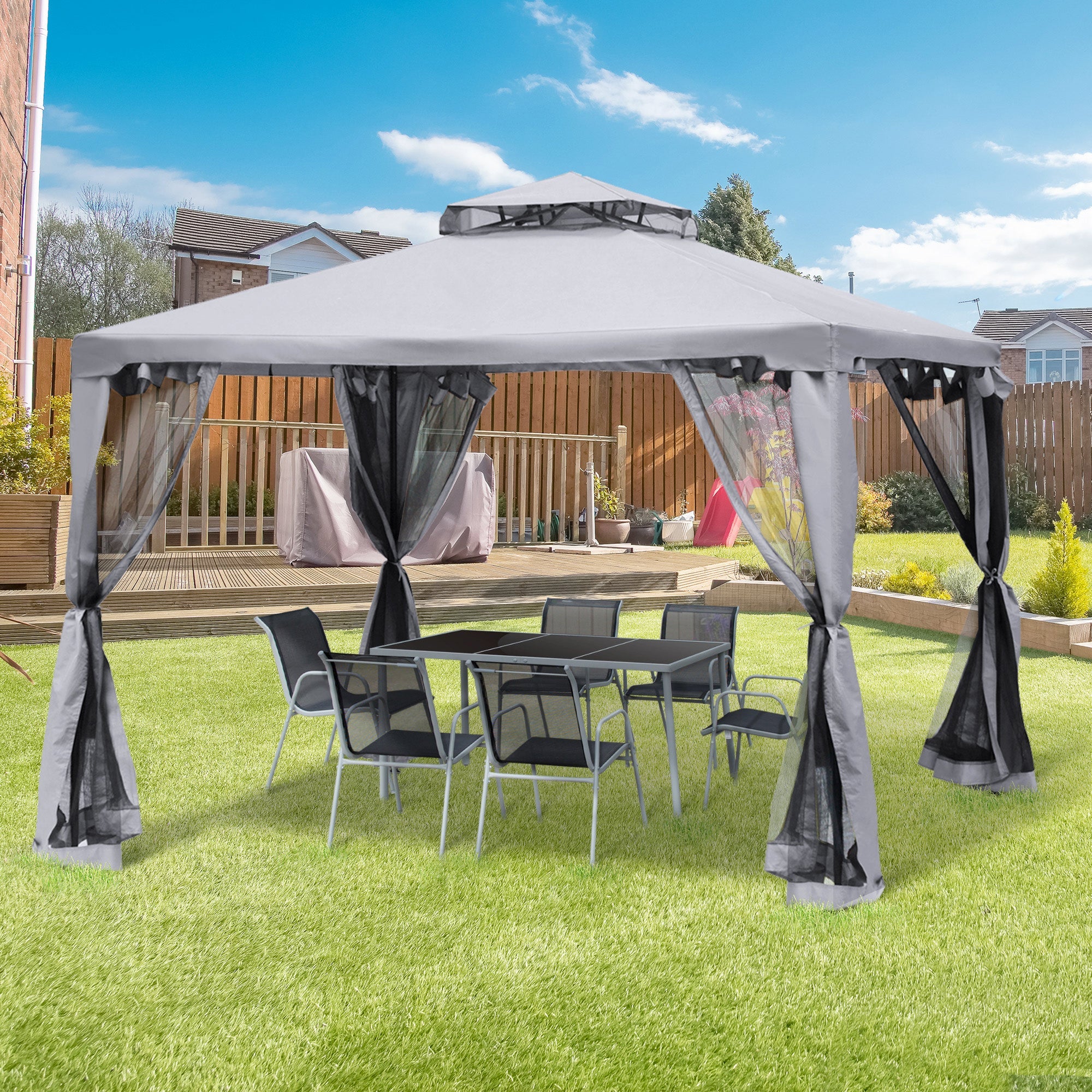 Outsunny Patio Gazebo 9.6x9.6ft Outdoor Pavilion 2 Tier Roof Canopy Steel Frame Grey 
