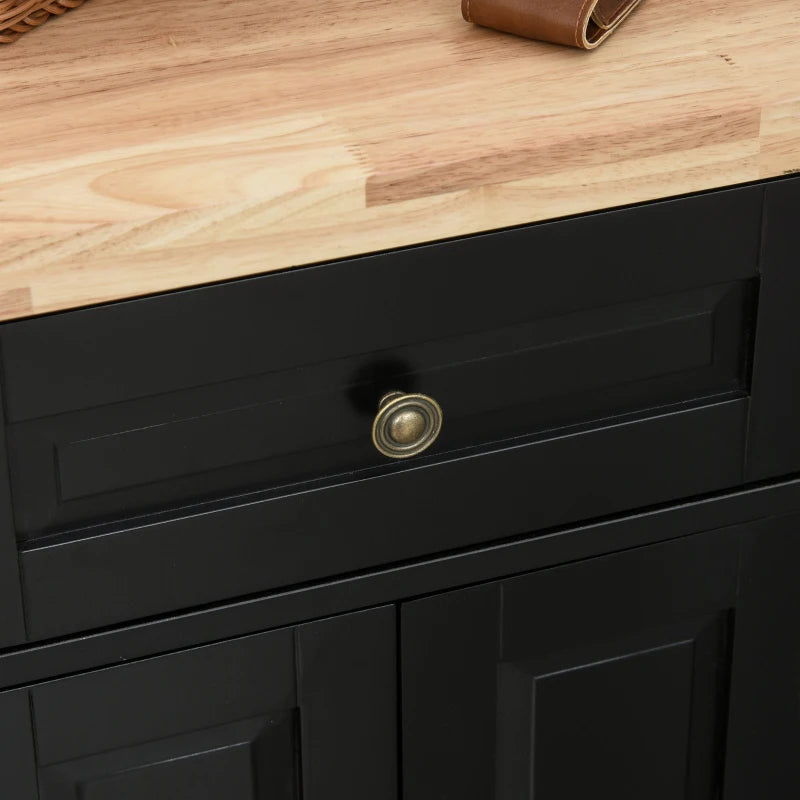 Rolling Kitchen Island with Rubber Wood Top and Storage, Spice Rack, Towel Rack, Black