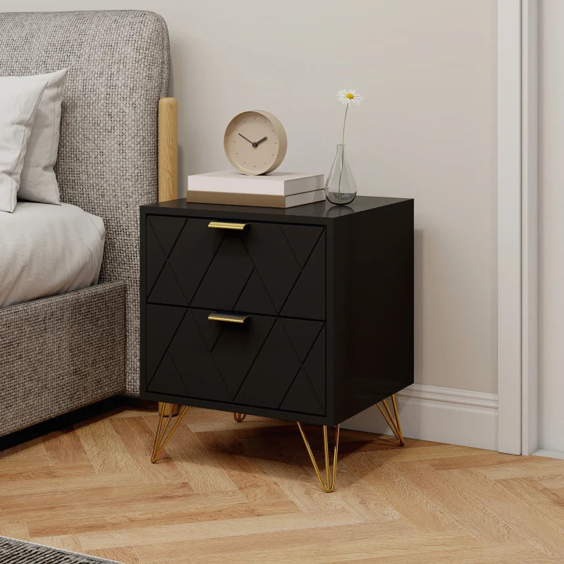 Modern Bedside Table, Accent Nightstand with 2 Drawers, Bed End Table for Bedroom, Black