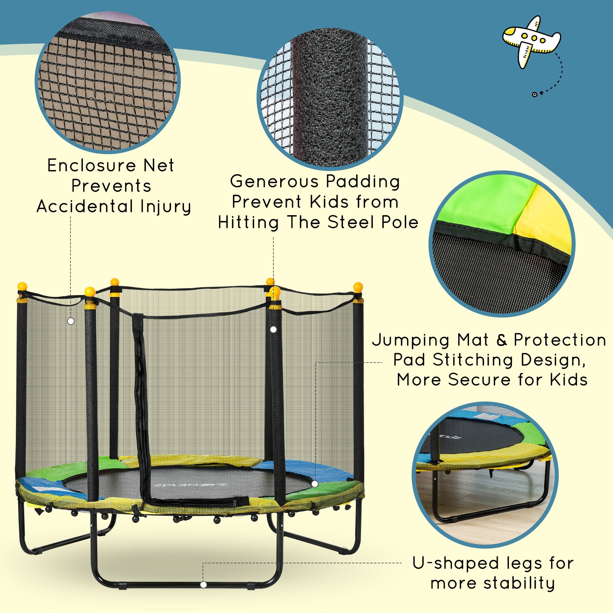 Qaba 4.6FT Trampoline for Kids with Enclosure Net for Ages 3-10, Indoor Outdoor Use, Black 