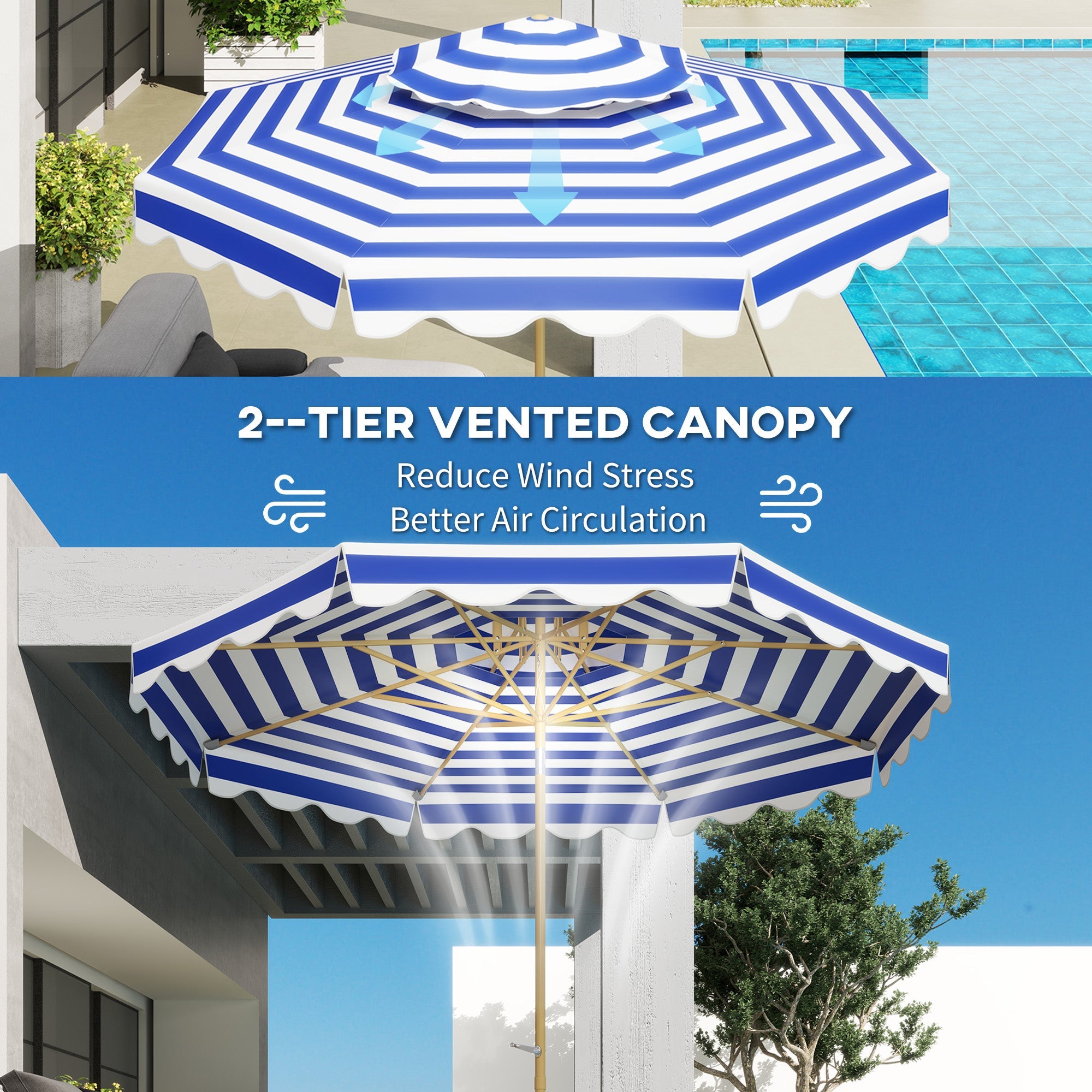 Outsunny 9FT Patio Umbrella with 8 Ribs, Crank, Tilt, UPF 50+, 2-Tier Vent for Garden, Deck, Poolside, Blue 
