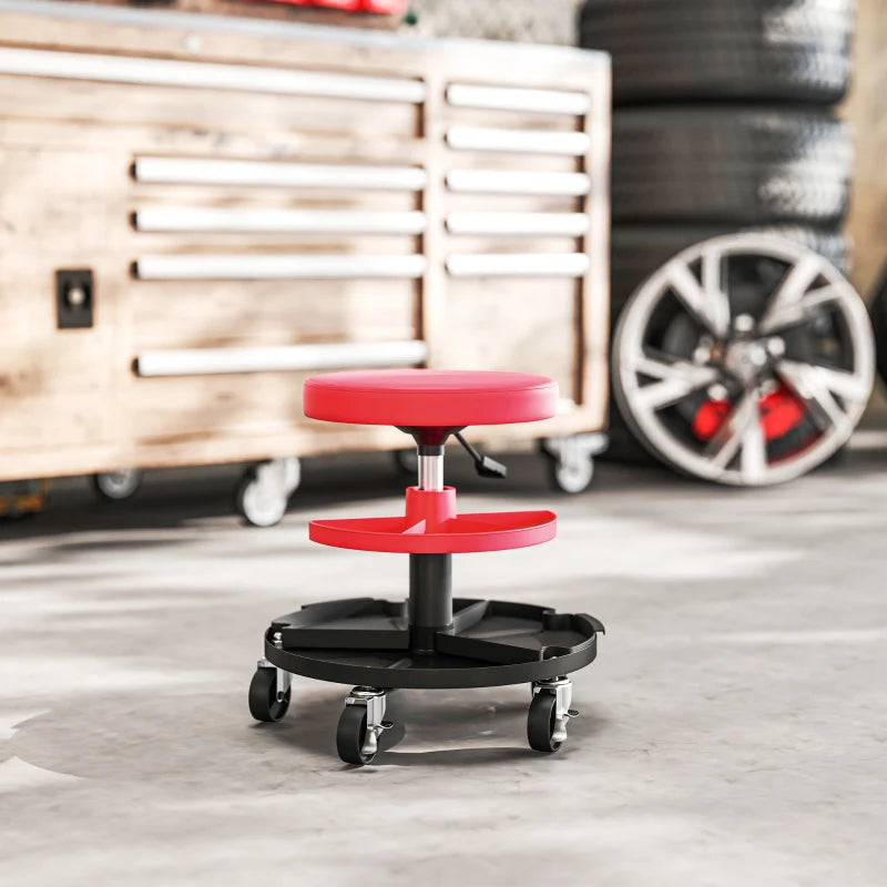 Rolling Garage Stool, 300 LBS Capacity Mechanic Stool with 2.5" Wheels, Tool Trays Storage, Adjustable Height, Red