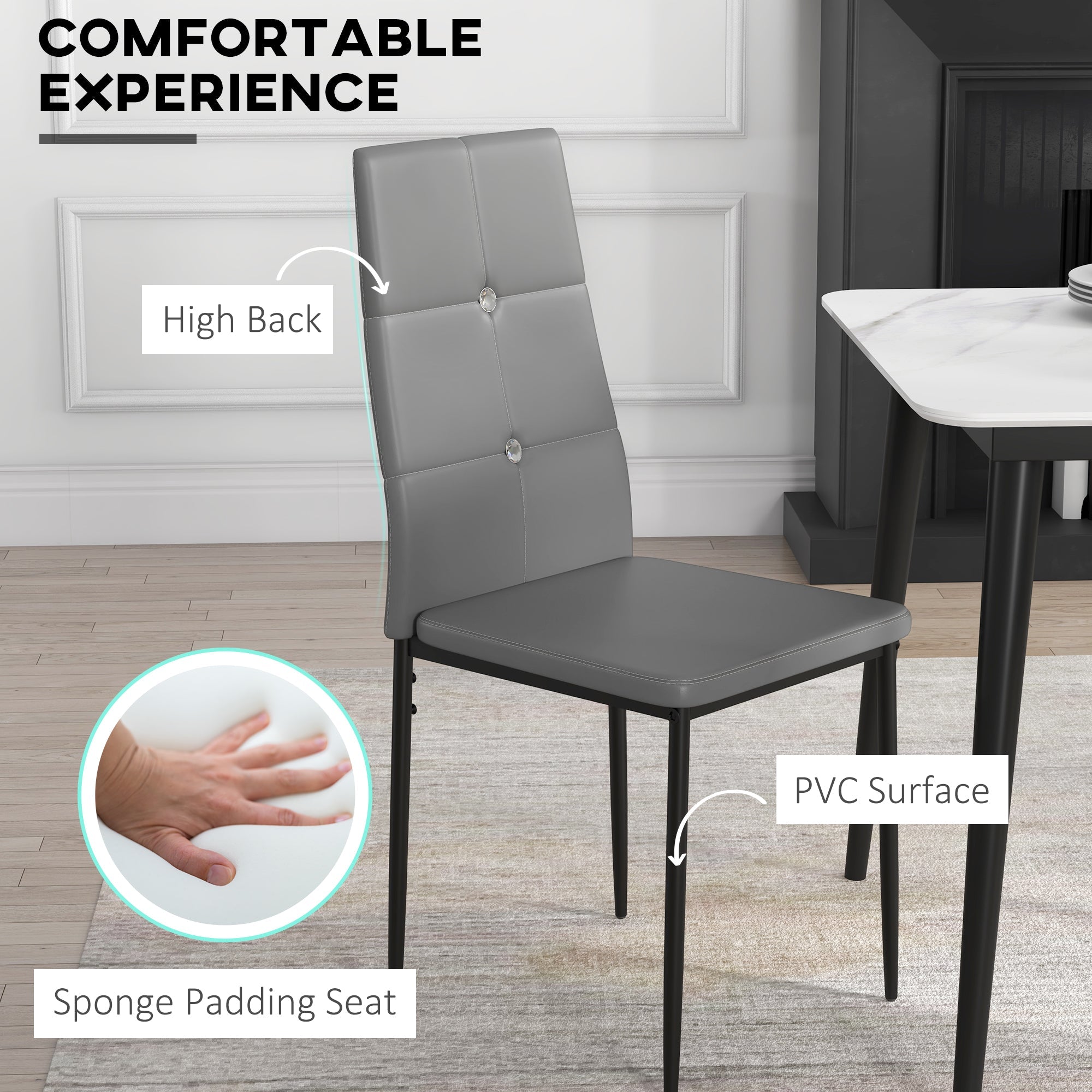 HOMCOM Set of 4 Modern Style Dining Chairs, Button Tufted High Back Side Chairs with Upholstered Seat, Steel Legs, Grey 