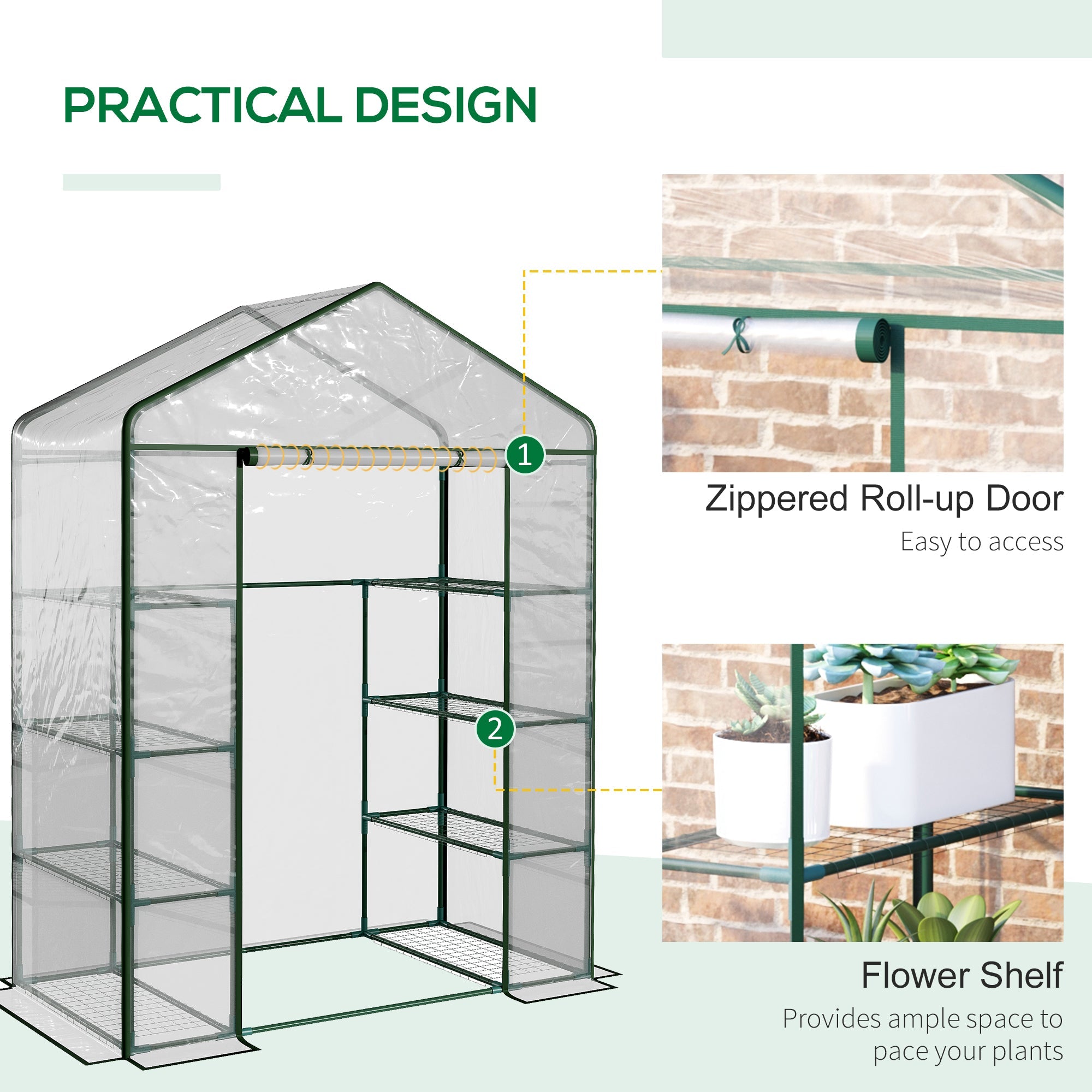 Outsunny Portable Walk-In Garden Plant Greenhouse 56" 4 Shelves Zipper Door Grow Vegetables Flowers Climate Transparent 