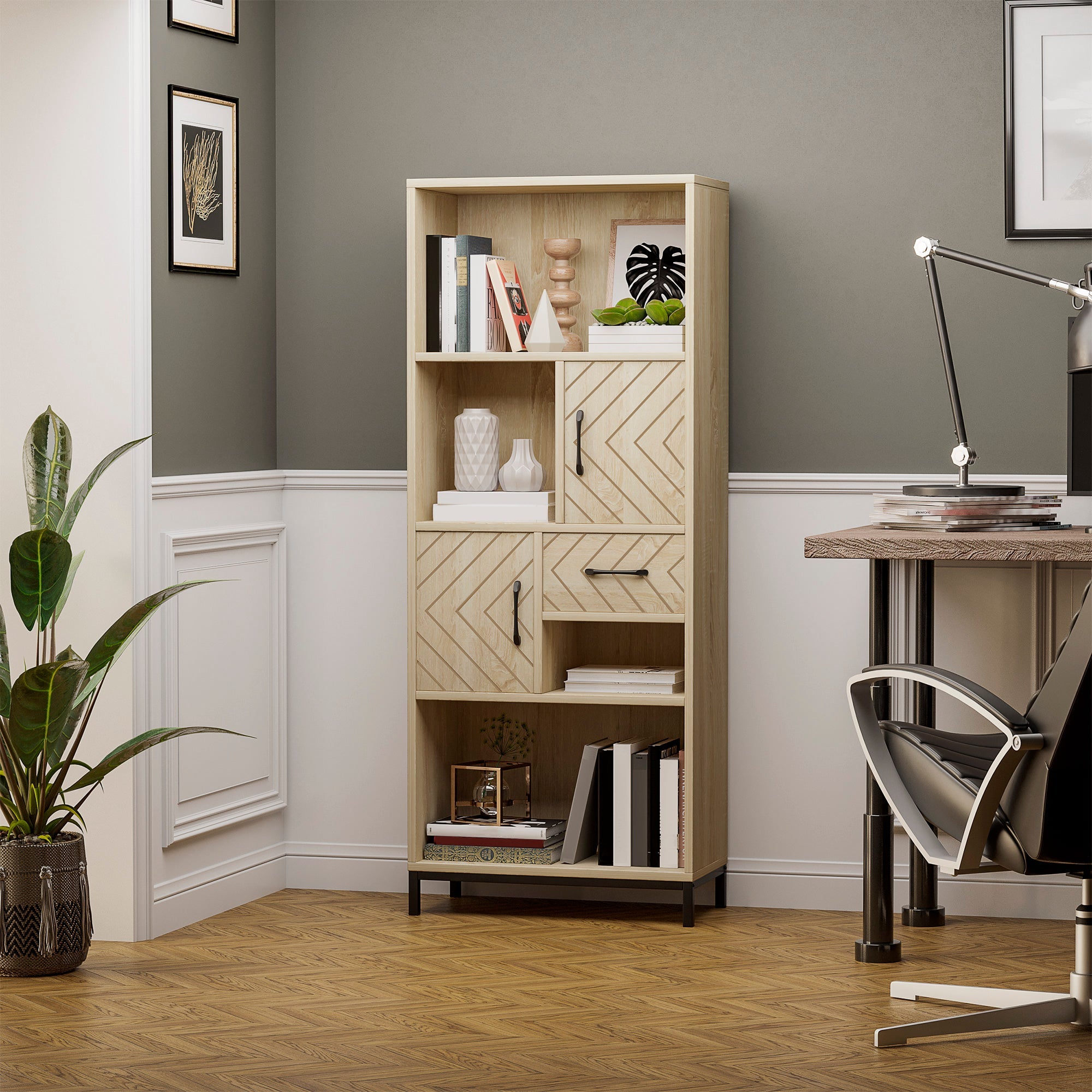 HOMCOM Wooden Elegance: 59" Freestanding Bookcase with Cabinets, Drawer, Open Shelves, Display Shelf for Home Office Organizer 