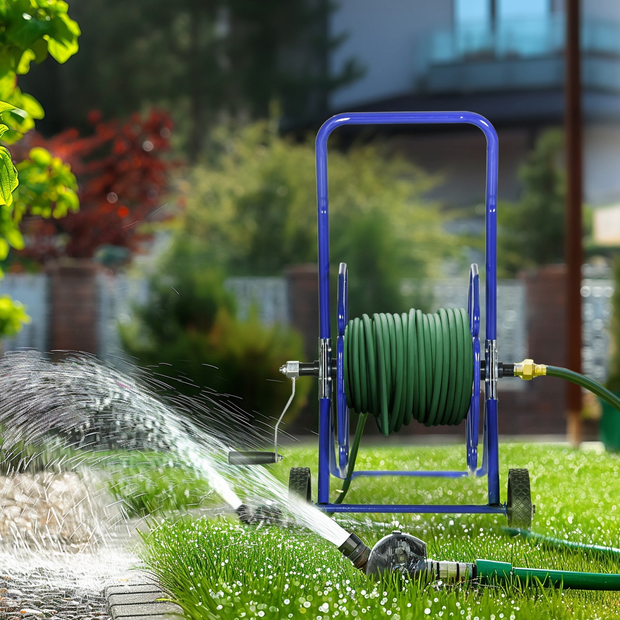 Outsunny 98 ft of 5/8" Hose Reel Cart (Hose Not Included), Garden Water Hose Carts with Wheels for Yard, Lawn, Blue 