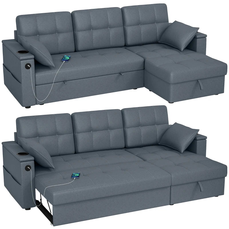 Convertible Sectional Sofa Bed, Pull Out Sleeper Sofa Couch with USB‑A+C, Chaise Storage, L-Shaped Futon Couch, Dark Grey