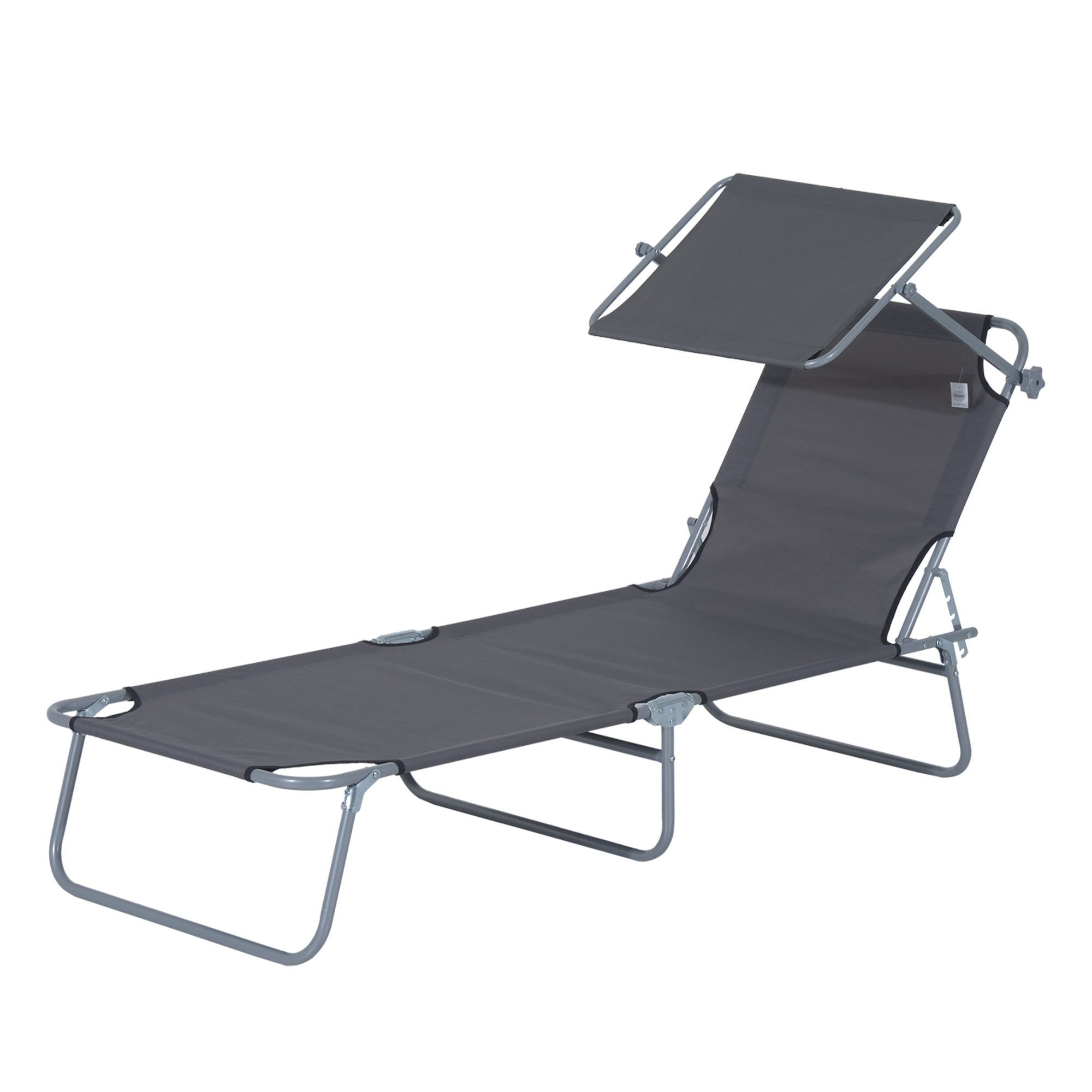 Outsunny Adjustable Garden Outdoor Lounge Chair, Folding Chaise Lounge Bed, Reclining Portable Tanning Chair Seat with Sun Shade, Grey 
