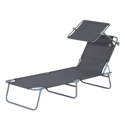 Outsunny Adjustable Garden Outdoor Lounge Chair, Folding Chaise Lounge Bed, Reclining Portable Tanning Chair Seat with Sun Shade, Grey 