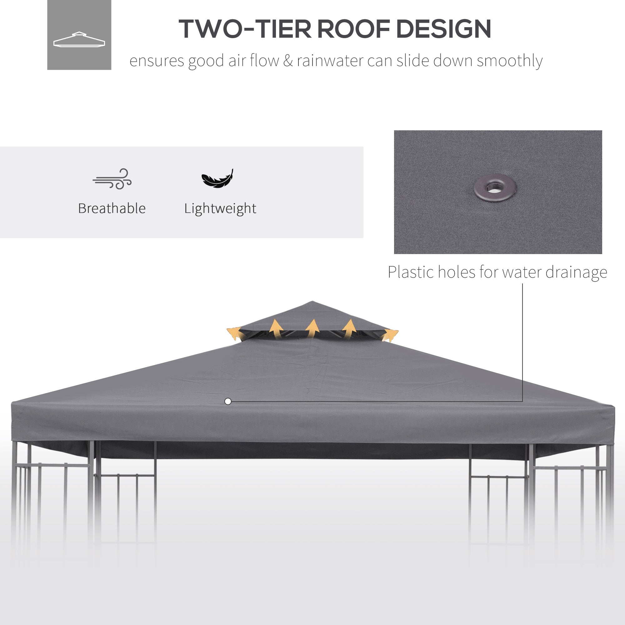 Outsunny 9.84' x 9.84' Square 2-Tier Gazebo Canopy Replacement Top Cover Outdoor Garden Sun Shade, Dark Grey 