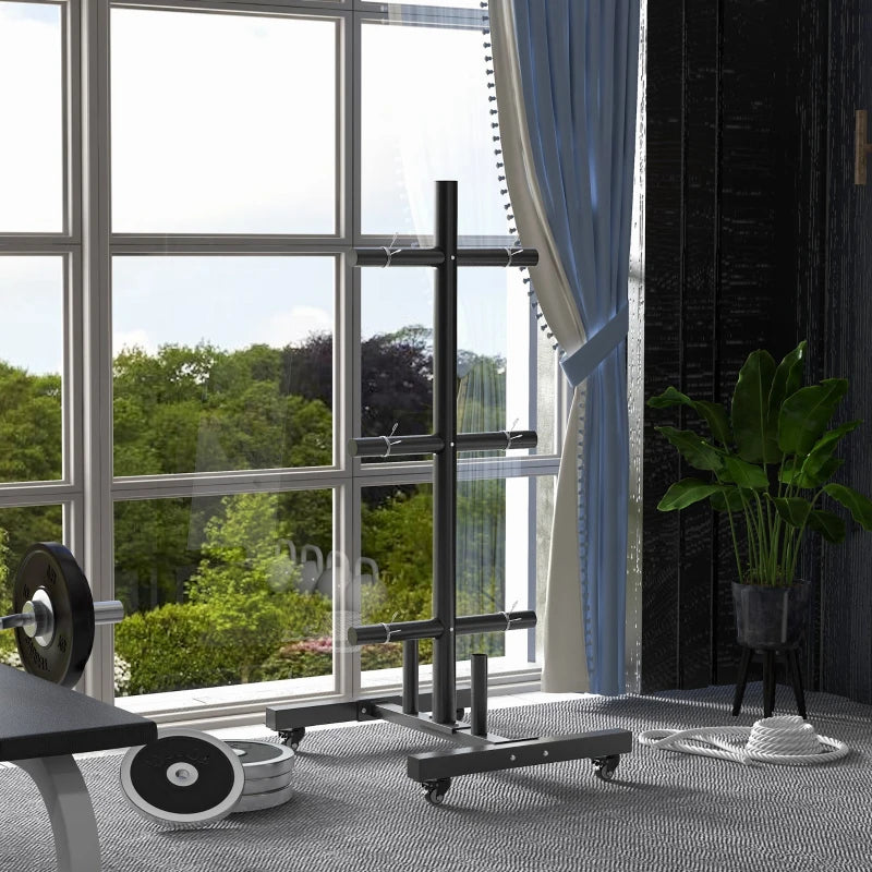 Soozier Weight Plate Rack, Bumper Plate Rack Holder for 2 inch Plates and Bars, with 4 Transport Wheels and 6 Fasten Clamps, 440 lbs Capacity