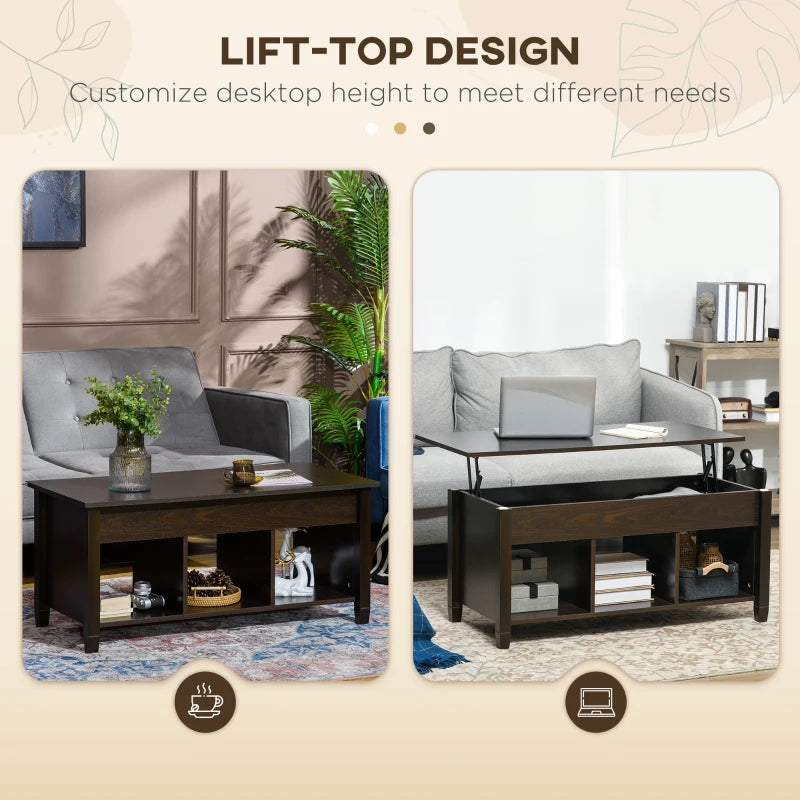 Lift Top Coffee Table, Modern Center Table with Storage Shelves and Hidden Compartment for Living Room, 41" L, Espresso