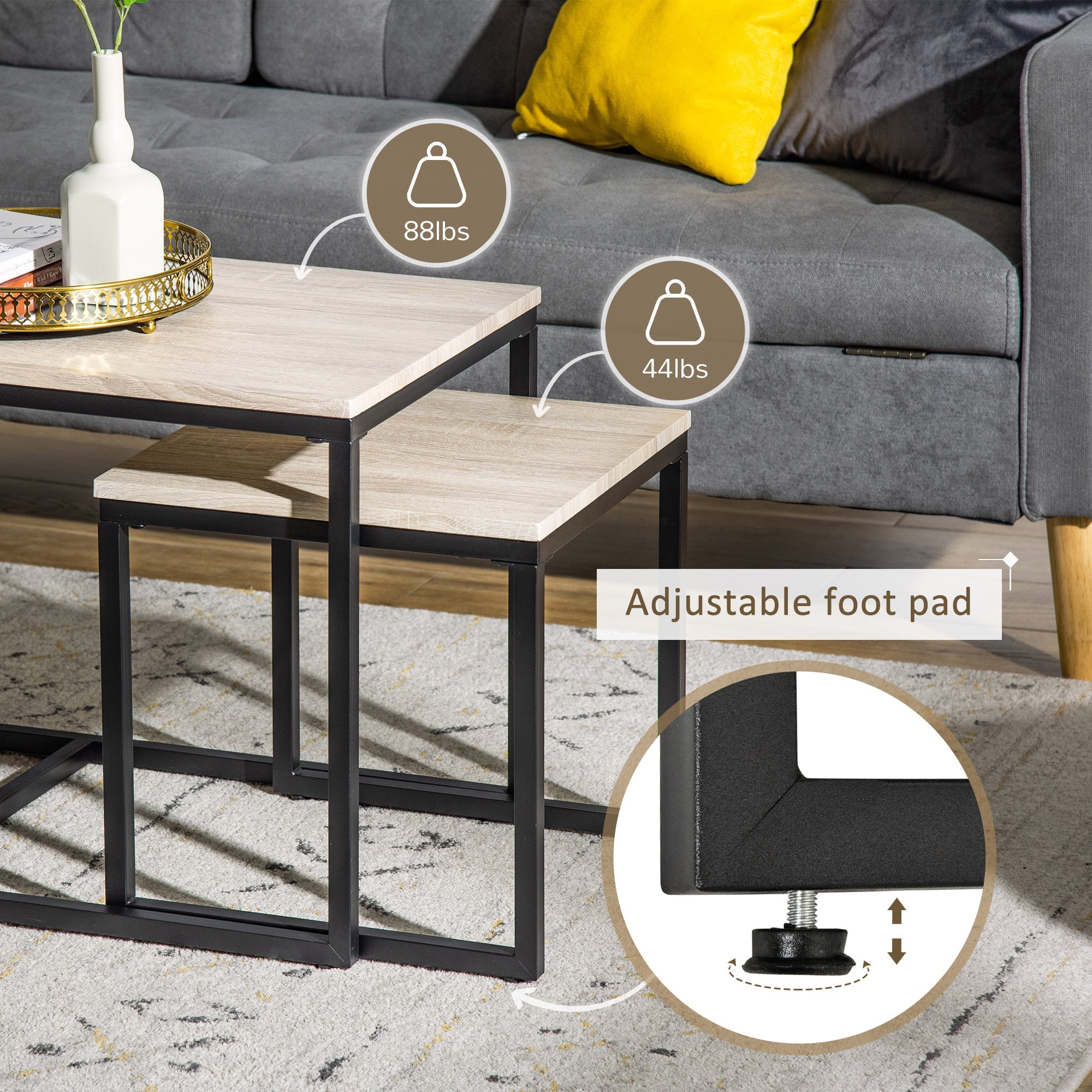 Homcom Natural Nesting Coffee Tables: Contemporary Set of 3 with Black Metal Frame for Stylish Living Room 