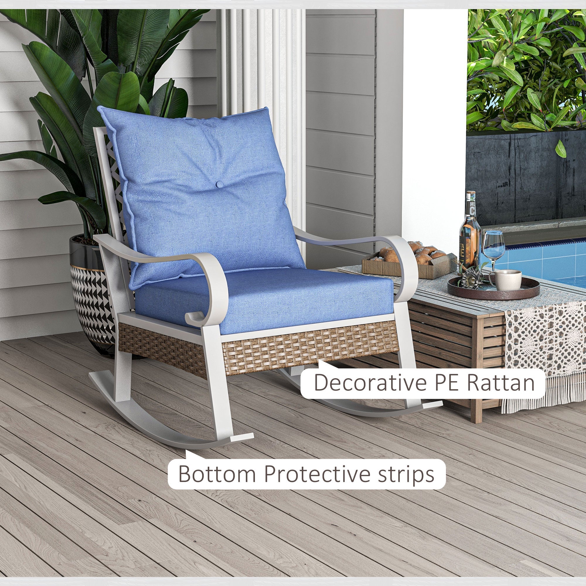 Outsunny Rattan Relaxation: Outdoor Rocking Chair with Plush Cushion, Wide Seat, Inclined Back for Garden, Balcony, Light Blue Finish 