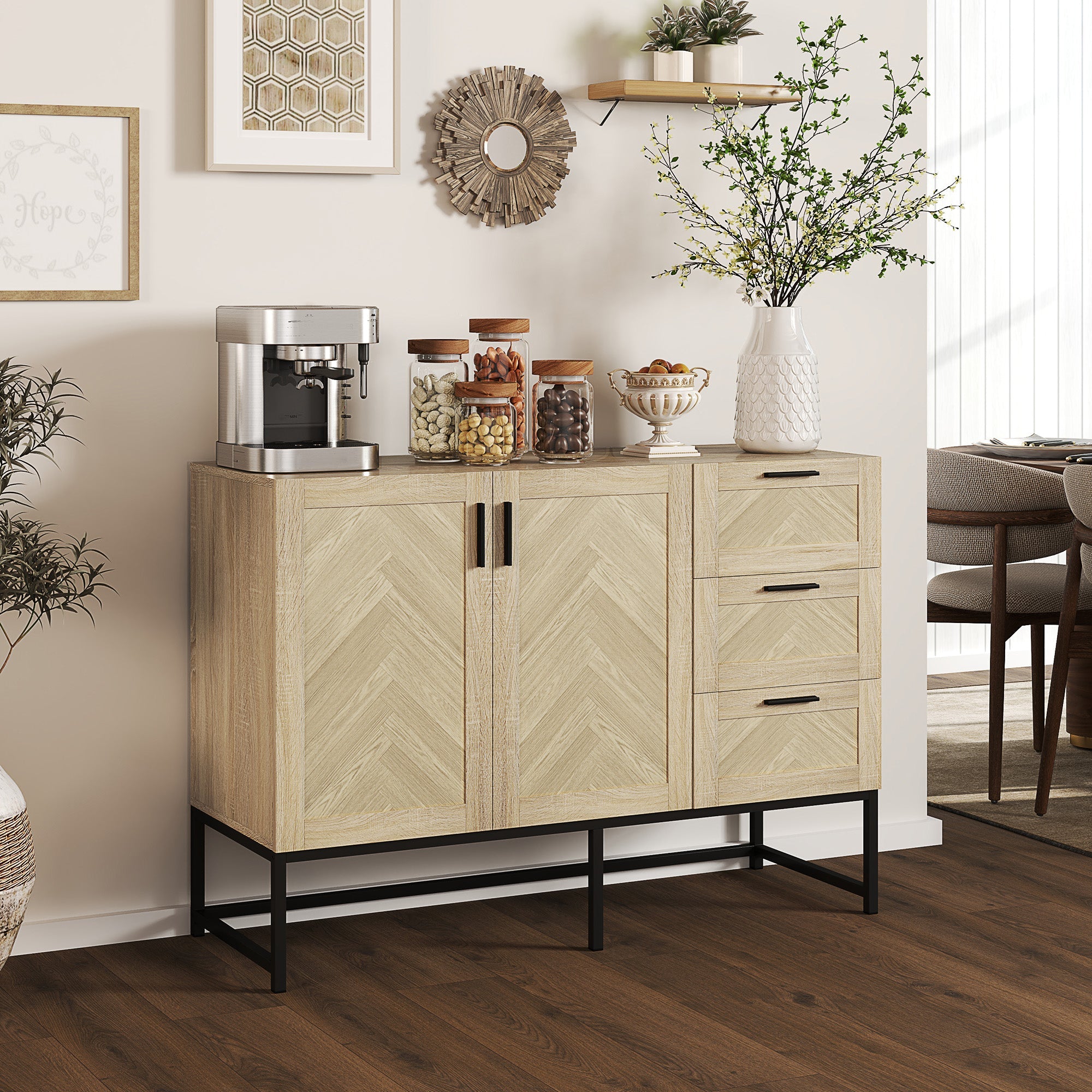 HOMCOM Buffet Cabinet, Coffee Bar Cabinet with Drawers and Adjustable Shelf, Oak 