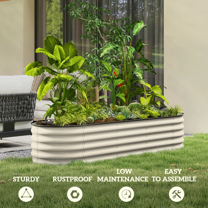 6.5 x 2 x 1.5 FT Galvanized Steel Raised Garden Bed, Metal Garden Bed Planter Box with Safety Edging, Cream White