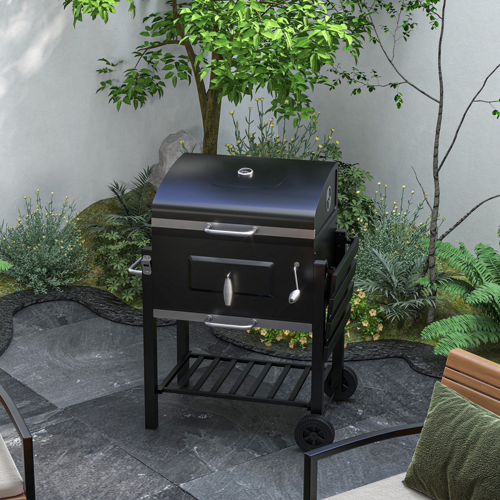 Outsunny BBQ Grill Trolley Charcoal Portable Stainless Steel with Wheels Side Shelf Camping Hiking Picnic 