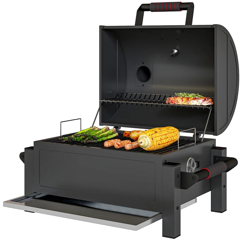 Tabletop Charcoal Smoker, Portable BBQ with Ash Catcher and Thermometer for Backyard, Camping, Picnic, Black