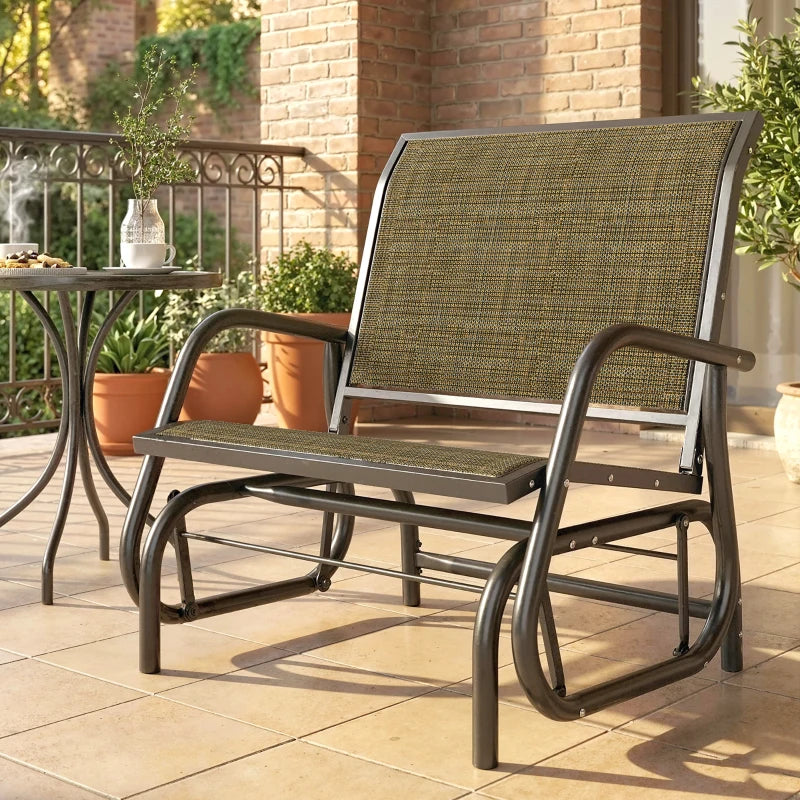 Patio Glider Outdoor Glider Chair with Breathable Mesh Seat & Backrest, Armrests and Metal Frame, Light Mixed Brown