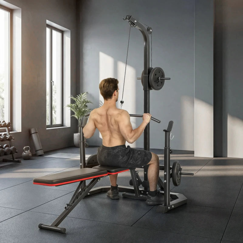 Soozier Multi-Function Home Gym Machine with Bench Press Rack, Squat Rack and Lat Pulldown System, Black