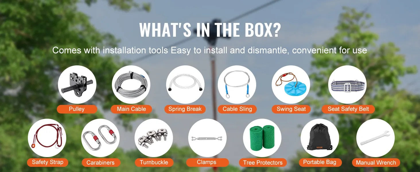 EVOR Zipline Kit for Kids and Adult, 100 ft Zip Line Kits Up to 500 lb, Backyard Outdoor Quick Setup Zipline, Playground Entertainment with Stainless Steel Zipline, Spring Brake, Safety Harness, Seat 
