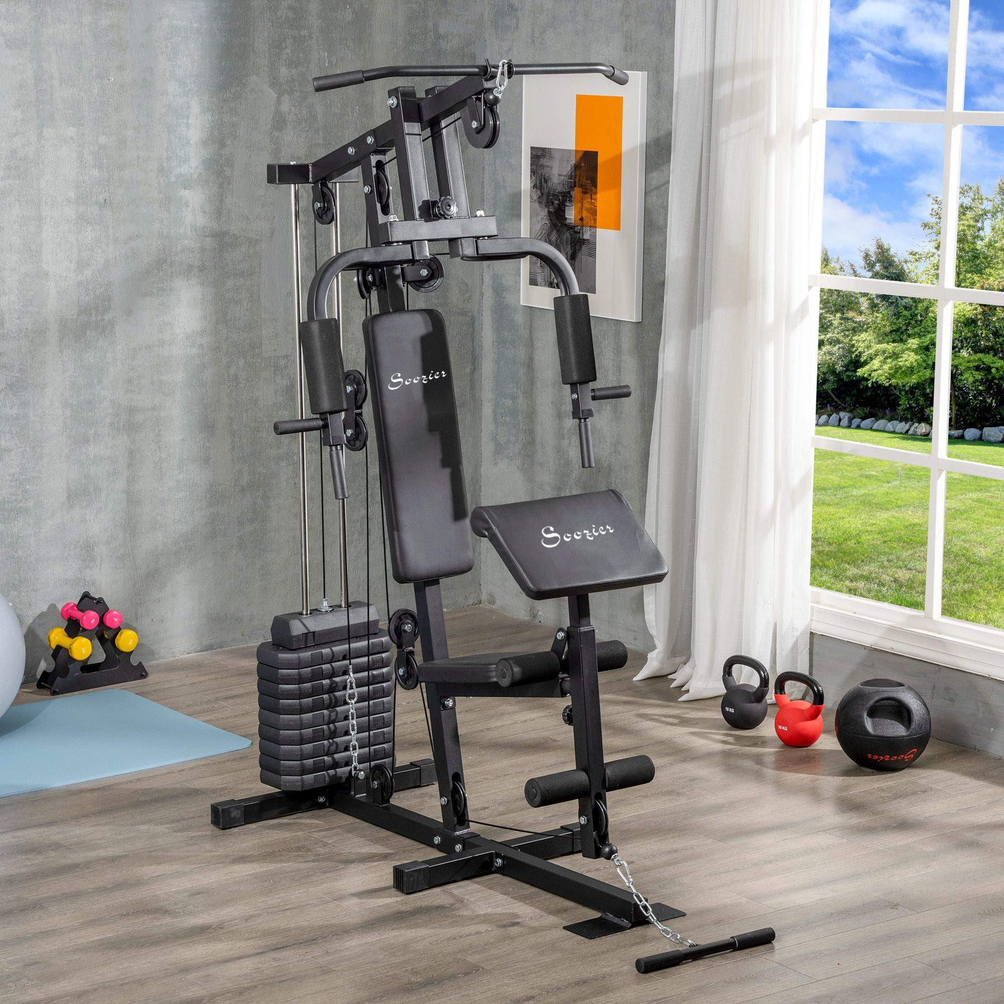 Soozier Multi-Exercise Home Gym Station with 99lbs Weight Stack, for for Back, Chest, Arms, Full Body Workout 