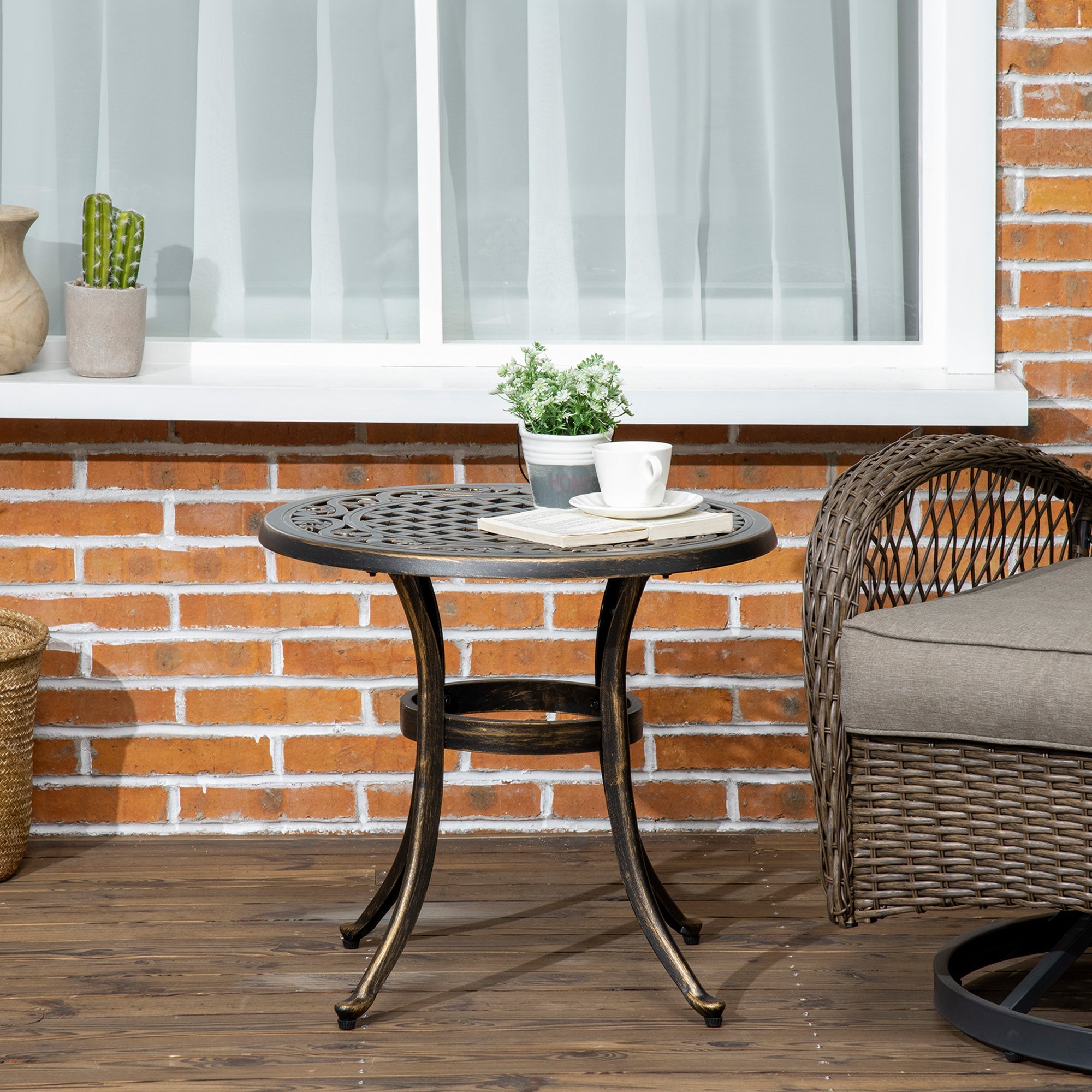 Outsunny Ф23.6" Round Outdoor Side Table Cast Aluminum Patio Coffee Desk Bronze 