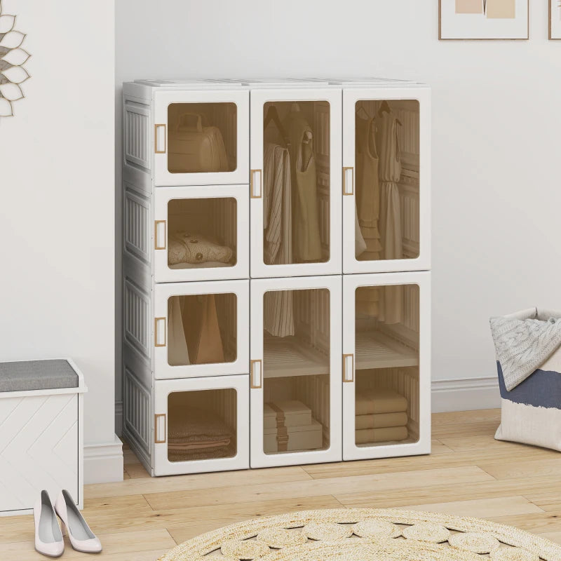 Portable Wardrobe, Foldable Plastic Closet with 8 Compartments, 2 Hanging Rods and Magnetic Clear Doors, Brown